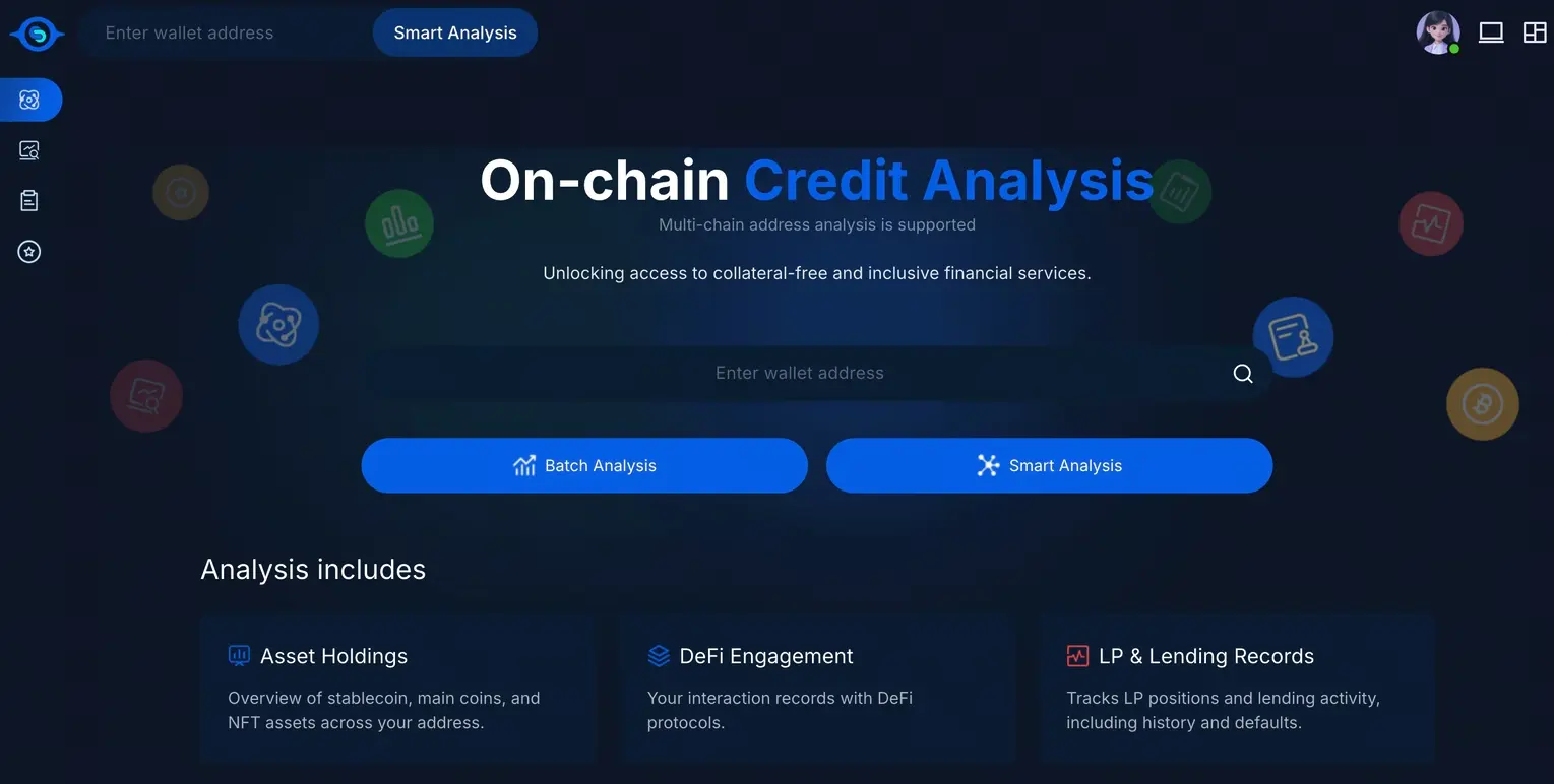 Illustration of DeFi lending platform using on-chain wallet activity and credit scores to assess borrower risk and power lending decisions