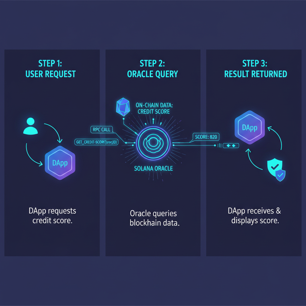 Solana blockchain oracle querying on-chain credit score, futuristic RPC call UI, neon blue tones