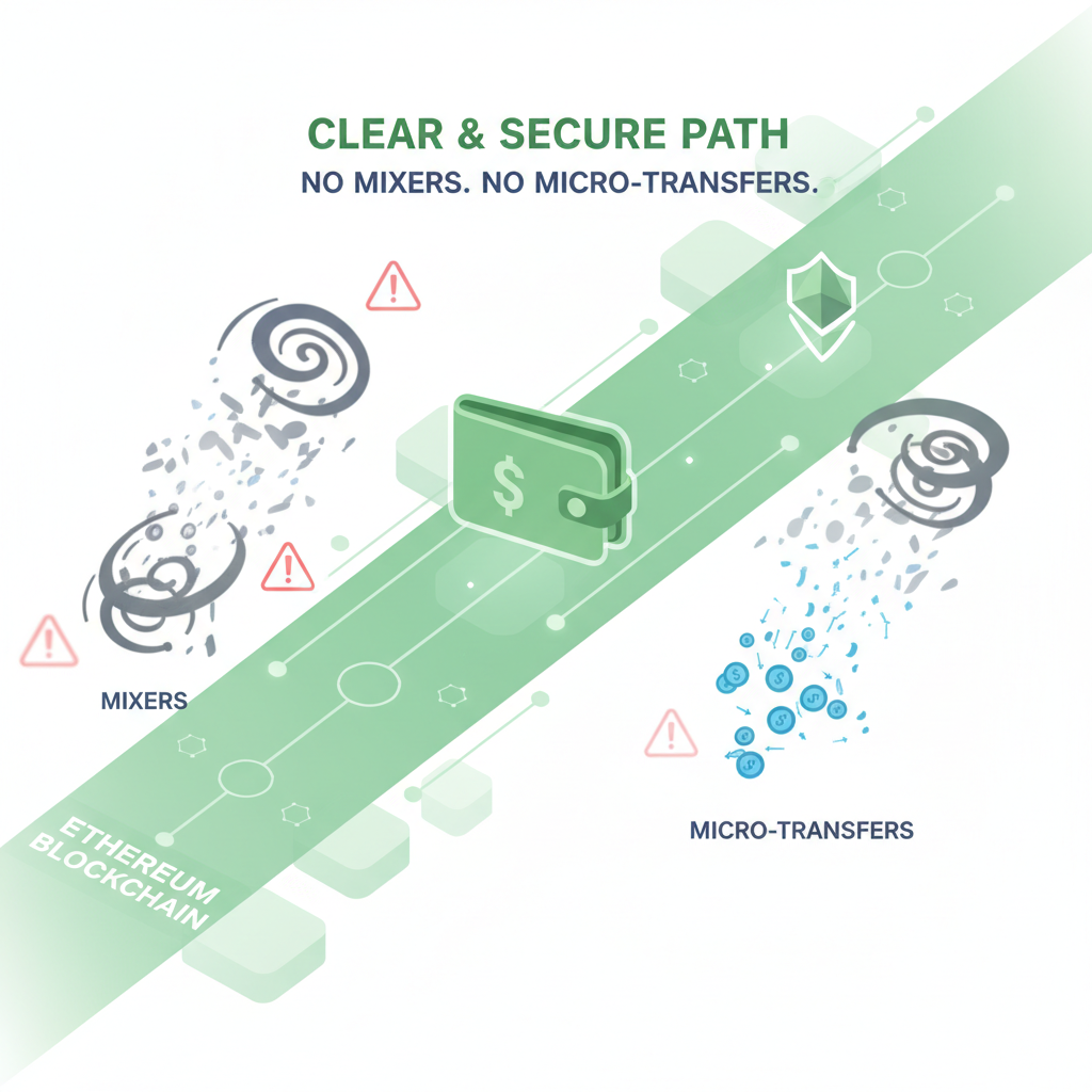 Wallet avoiding mixer and micro-transfers, clear path on Ethereum blockchain, warning signs fading away, green secure vibe