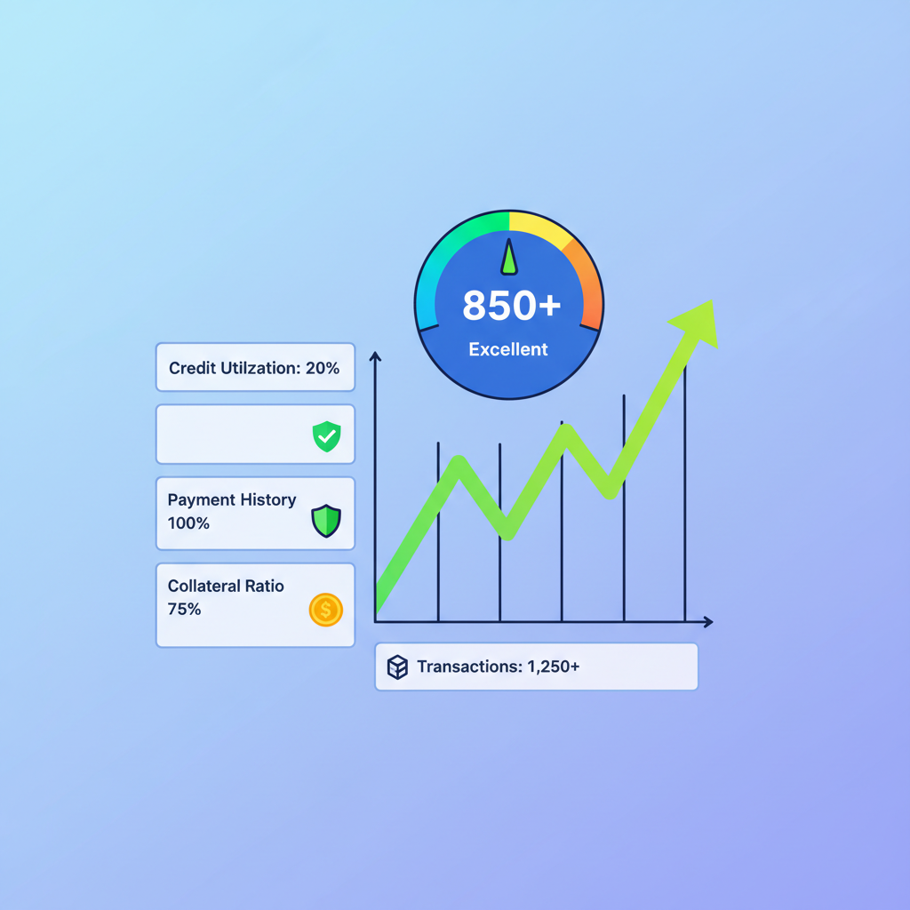on-chain credit score dashboard with rising graph and metrics