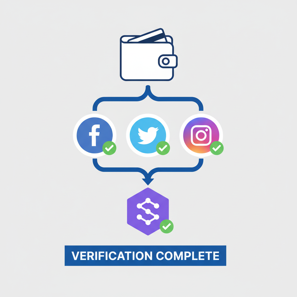 Wallet verification linking social media icons, checkmarks and Solana blockchain