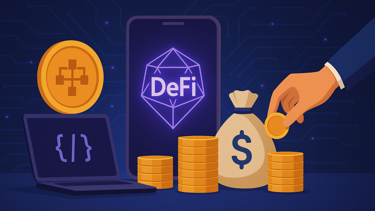 Illustration of FICO credit score unlocking zero-collateral DeFi loans on blockchain network